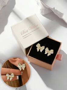Gift Box Elegant Pave Bow Earrings, Full Crystal Rhinestone Design In Silver Tone, Sparkling Bridal & Wedding Jewelry, Classic Luxury Gift - Gold - View 1