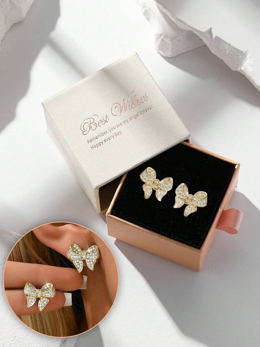 Gift Box Elegant Pave Bow Earrings, Full Crystal Rhinestone Design In Silver Tone, Sparkling Bridal & Wedding Jewelry, Classic Luxury Gift - Gold - View 1