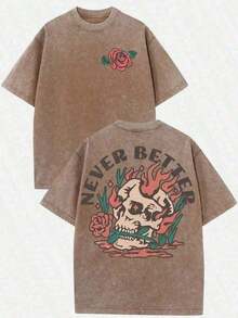 (230g T-Shirt)Vintage Washed Cotton Oversized T-Shirt, "Never Better" Skull With Rose & Flame Graphic, Loose Casual Crew Neck Short Sleeve Tee,Camisas Para Hombre,Mens Clothes,Summer Fits,Summer Tops,Graphic Tee,St Pattys Day Fit,Easter Fits,Spring Clothessummer Fits For Women100 Percent Cotton ClothingY2Y-Summer Clothes; Unisex YLRW - Xám - Xem 11