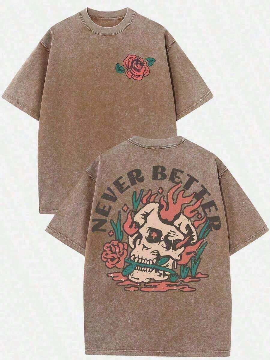 230g Vintage Washed Oversized T-Shirt, Skull Rose Flame Graphic Crew Neck Loose Casual Short Sleeve Tee - 咖啡棕 - 查看 1