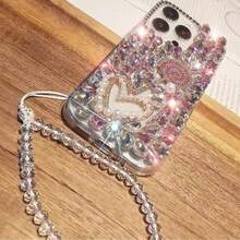 Funda de teléfono con cadena, con corazón de perla 3D y cristales de lujo, compatible con iPhone 17 Pro Max/17 Pro/17, 16 Pro Max/16 Pro/16, 15 Pro Max/15 Pro/15, Nuevo 14 Pro Max/13, elegante y protectora - Multicolor - Ver 2