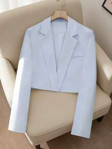 Áo khoác blazer mỏng dáng ôm dành cho nữ cỡ lớn, kiểu dáng thanh lịch với cạp cao. - Màu xanh nhạt - Xem 2