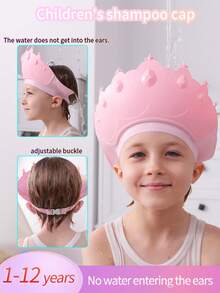 1pc Children's Crown Shampoo Cap, Adjustable Buckle Waterproof Hair Washing Hat, No Water Into Ears & Eyes, Soft Silicone Bath Visor, Leakproof Shower Cap For 1-12Y Toddlers Kids Boys Girls, Cute Princess Crown Design, Comfortable & For Baby Bath Time Hair Washing Pink - Pink - View 3