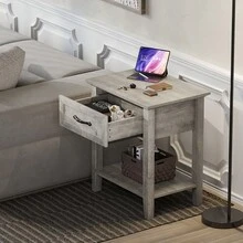 Juego de 2 mesitas de noche modernas – Mesas auxiliares de madera con cajón, estante abierto de 2 niveles – Mesita de noche cuadrada para dormitorio, sala de estar, dormitorio o oficina – Blanco y gris - Conjunto de dos piezas - Ver 4