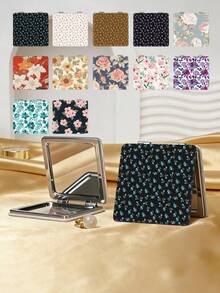 1pc Countryside British Style Ditsy Floral Foldable Compact Mirror, Lightweight Portable PU Leather Suitable For All Occasions, Featuring Delicate Floral Prints Such As Rose, Lily, Sunflower, Peony - Multicolor - View 1