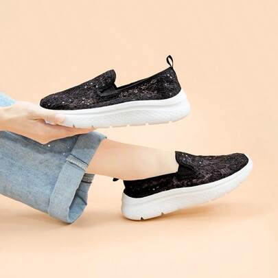 joy&mario J&M 1 Pair Women Black Lace Mesh Slip-On Platform Sneakers, Breathable Lightweight Sequin Embellished Comfortable Non-Slip Thick Sole Casual Shoes For Daily Wear & Street Style