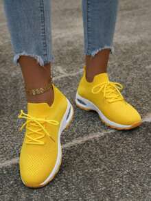 Women's Breathable Lightweight Sneakers - Low-Top Lace-Up Design For Summer, Lightweight Sole Suitable For Running, Walking, Tennis And Casual Wear, Fashionable And Comfortable Fitness Shoes, Fashionable Style, Soft Material, A Must-Have For Fitness Enthusiasts, Fashionable And Versatile Travel Shoes - 黃色 - 查看 3