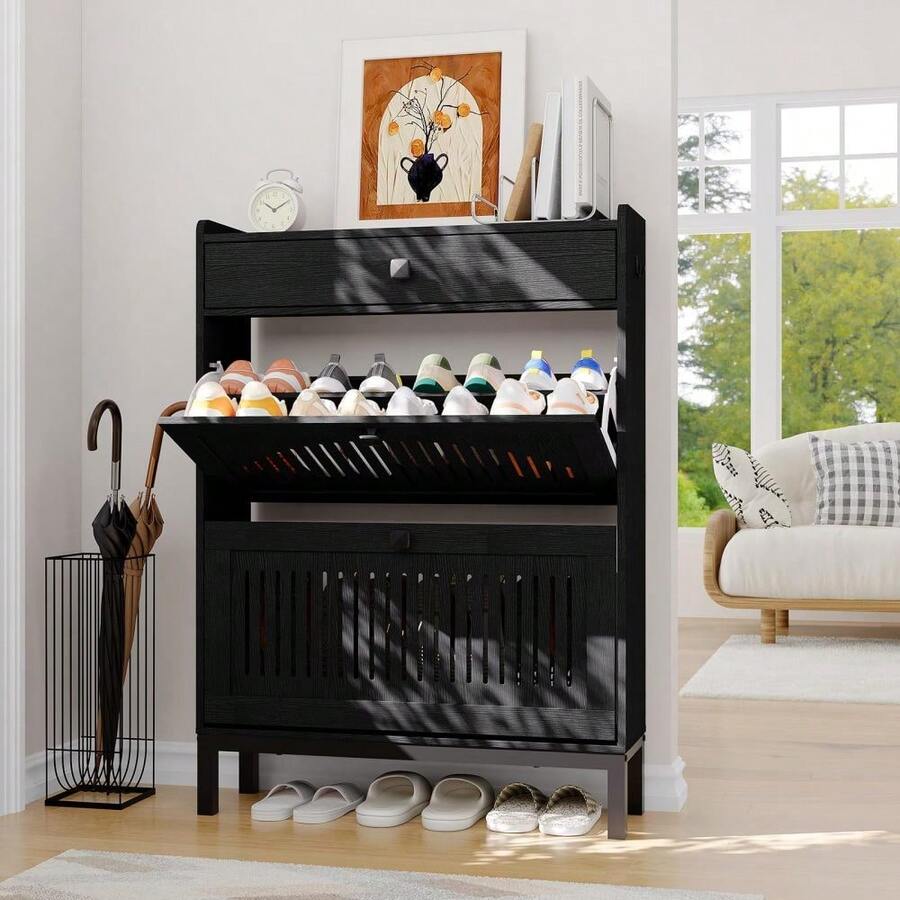 Gabinete de Almacenamiento para Zapatos con 2 Cajones Abatibles, Cajón Superior, Paneles Huecos y Manijas Cuadradas Negras, Estante Ajustable para Entrada - Negro - Ver 1