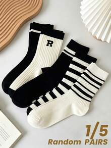 1/5 Pairs Random Women's Black & White Striped Letter Print Breathable Crew Socks, Suitable For Students And Commuting Outfits - Black and White - View 2