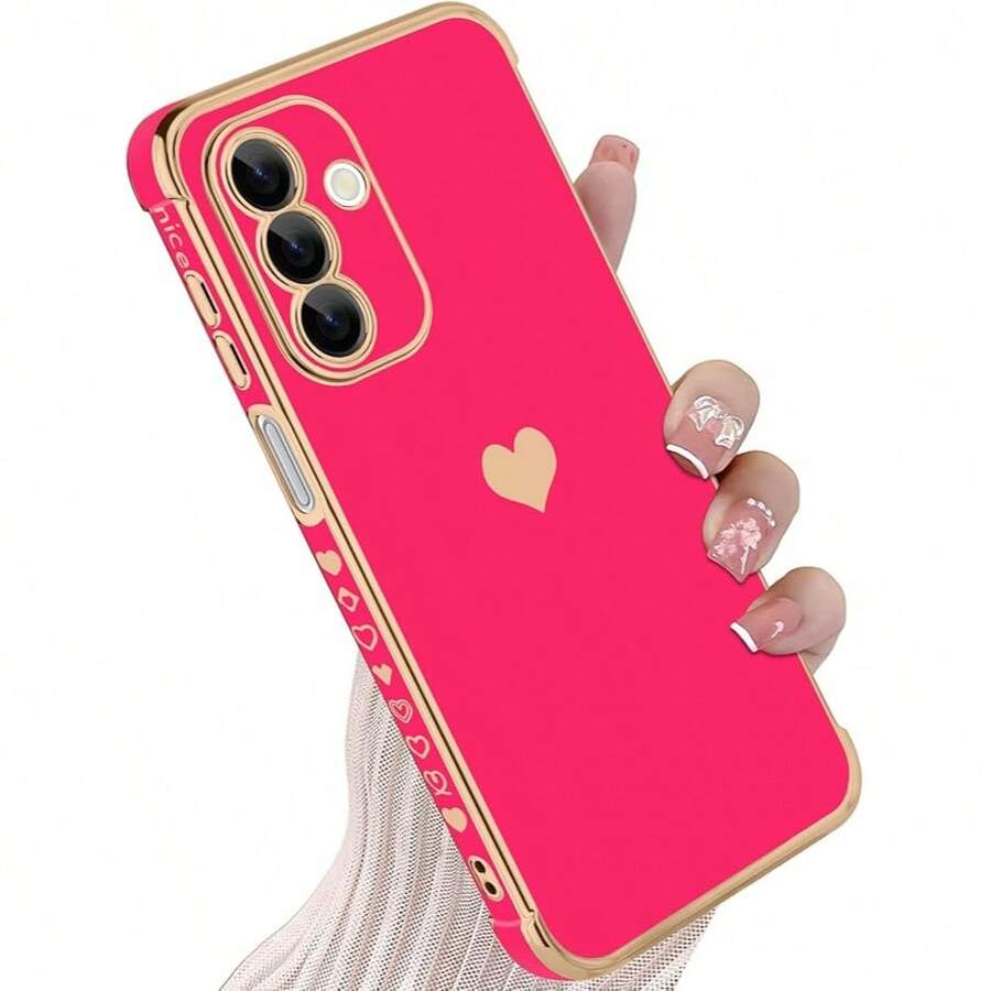 奢华电镀手机壳，兼容三星 Galaxy A57 A17 A37 A56 A36 A26 A16 A55 A25 A35 A15 A12 A13 A23 A24 A33 A34 A52 A53 A54 S26 Ultra S25 FE S24 S23 S22 S21 Plus S20，心形侧边图案设计 - 玫紅色 - 查看 1