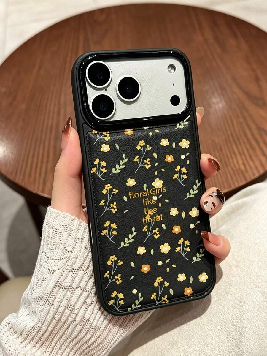 Fashionable Shock-Proof Floral Element Black Phone Case, Floral Ins Style, Fresh Floral Pattern Anti-Slip Anti-Fall Anti-Shock Lightweight Durable, Compatible With IPhone 17/17Pro/17ProMax/16/16Pro/16ProMax/15/15Pro/15ProMax/14/13/12/11, Creative Phone Case, Anti-Fall Spring Gift - Black - View 1