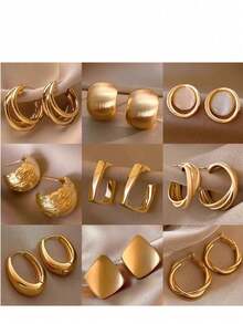 3对金属几何耳环，欧美夸张设计，小众奢华耳环套装，款式随机混搭 - 金黃色 - 查看 4