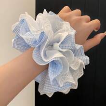 1pc Lace Scrunchie With Layered Hollow Floral Design, Elegant French Style Gingham Pattern, Suitable For Everyday Use Ponytail Holders Hair Elastics Hair Rubber Bands Hair Rope - Baby Blue - View 10