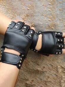 1 Pair Punk Rivet Fingerless Gloves, Suitable For Performance, Dancing, Outdoor Sports And Daily Wear,Men Gifts,Camping - Black - View 3