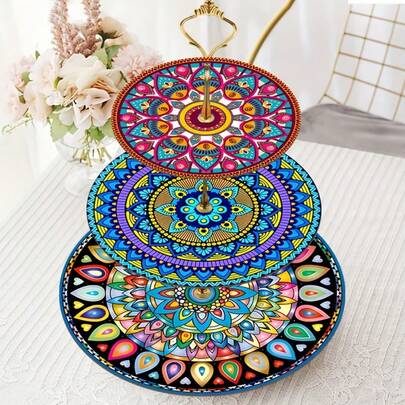 1 pieza Bandeja de madera de 3 niveles, exhibición exquisita con un patrón de mandala único, adecuada para bodas, cumpleaños, Pascua, Acción de Gracias, Día de San Valentín, Día de la Madre, Día del Padre, Día de la Independencia, celebración del Eid Al-Fitr, decoración de mesa para el hogar y restaurantes, plato de arte de forma asimétrica no apto para el contacto directo con los alimentos