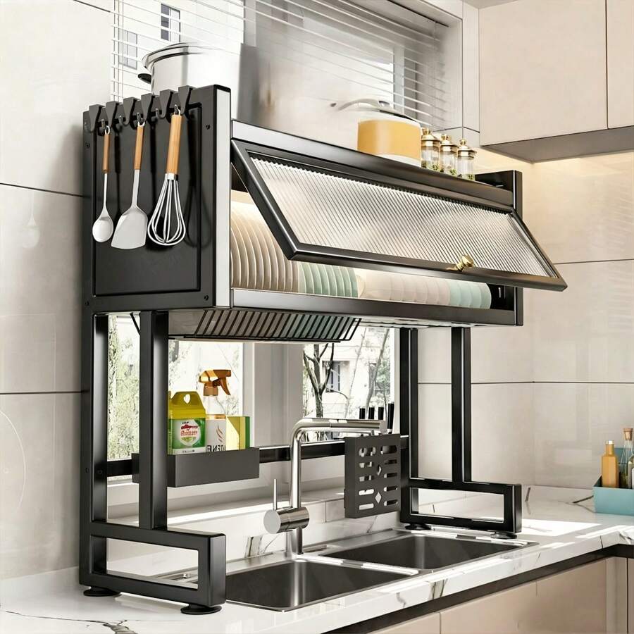 1pc black multi-layer kitchen sink dish drying rack, multifunctional dustproof dish rack, kitchen sink organizer rack, countertop dustproof bowl and chopsticks storage rack, multifunctional kitware storage rackge accessories, kitchen supplies, lightweight and easy to assemble, durable and easy to clean, space-saving and dustproof, suitable for tableware storage and draining, an ideal helper for kitchen organization and cleaning, g can canleans Days, cans Day, sh; gift - 查看 1