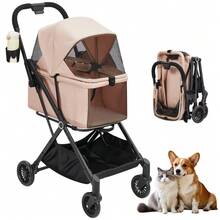 Cochecito para mascotas plegable y ligero para perros y gatos pequeños y medianos – Ruedas con absorción de impactos de 360° – Capota de malla transpirable – Cubierta para el clima – Cesta de almacenamiento y portavasos – Aprobado por aerolíneas – Soporta hasta 9 kg - Caqui - Ver 1