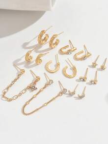 Set de 9 pares de pendientes de aro abierto con forma geométrica de estrella, luna y otros diseños con cristales de aleación de zinc, ideal como regalo festivo y para uso diario - Juego de 9 pares de aretes de aleación con diamantes. - Ver 7