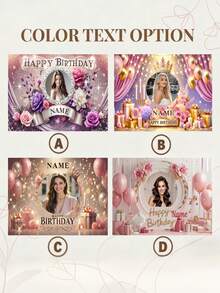 Customizable Photo Name Shiny Romantic Pink Gold Happy Birthday Backdrop, Purple Floral Gold Glitter Crown Gift Box Candle Decor Design, Suitable For Birthday Party Cake Smash Background Decoration Photography Vinyl - Multicolor - View 6