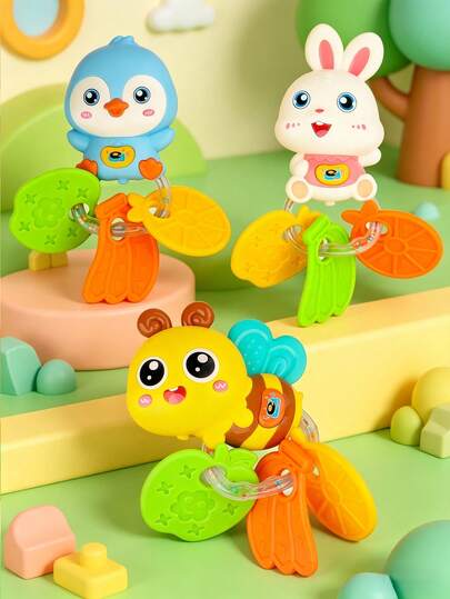 Portable Baby Teething Rattle Set, Cute Animal Shaped Teething Toys With Bead Rings, Lightweight Sensory Chewing Toys Suitable For Newborns, Outdoor And Home Use
