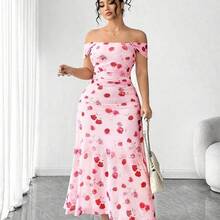 Cravure Plus Size Women's French Romantic Pink Rose Print Off-Shoulder Dress, Plus Size Cinched Waist Pleated Mesh Dress, Gentle Elegant Fitted Slimming Spaghetti Strap Dress 1XL, Suitable For Commute, Date, Vacation, Fairy Dress - amarillo ganso - Ver 7