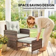 Outsunny 5 Piece Patio Furniture Set, Wicker Patio Chairs With Ottomans, 2-Tier Glass Coffee Table, Cushions, Outdoor Furniture Conversation Set For Balcony, Brown/Cream White - 棕色 - 查看 3