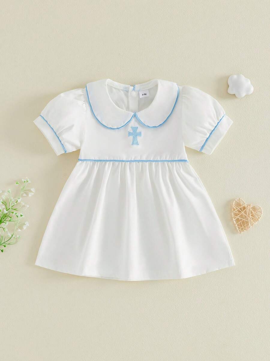 Vestido de verano para niña con cuello de muñeca bordado en cruz y mangas cortas estilo princesa corte A. - Blanco - Ver 1