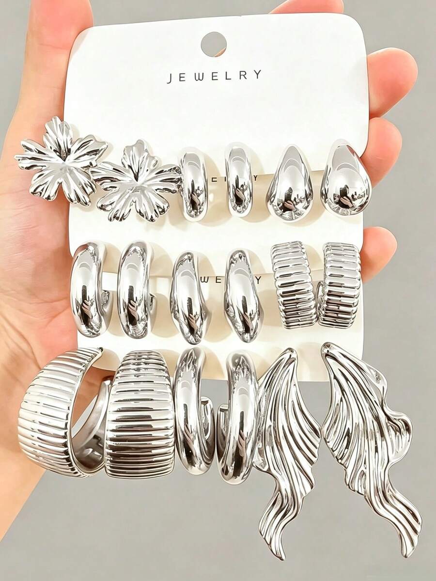 3-9 Paar dicke Silber Ohrringe Set, Silber Ohrringe mit geringer Allergie für Frauen, modisches Ohrringe Set mit mehreren Elementen - Silber - Übersicht 1