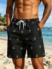 Summer Trees | Men Plus Size Casual Outdoor Anchor Print 3D Digital Graphic Drawstring Lightweight Shorts, Suitable For Daily, Vacation And Home Wear - Black - View 1