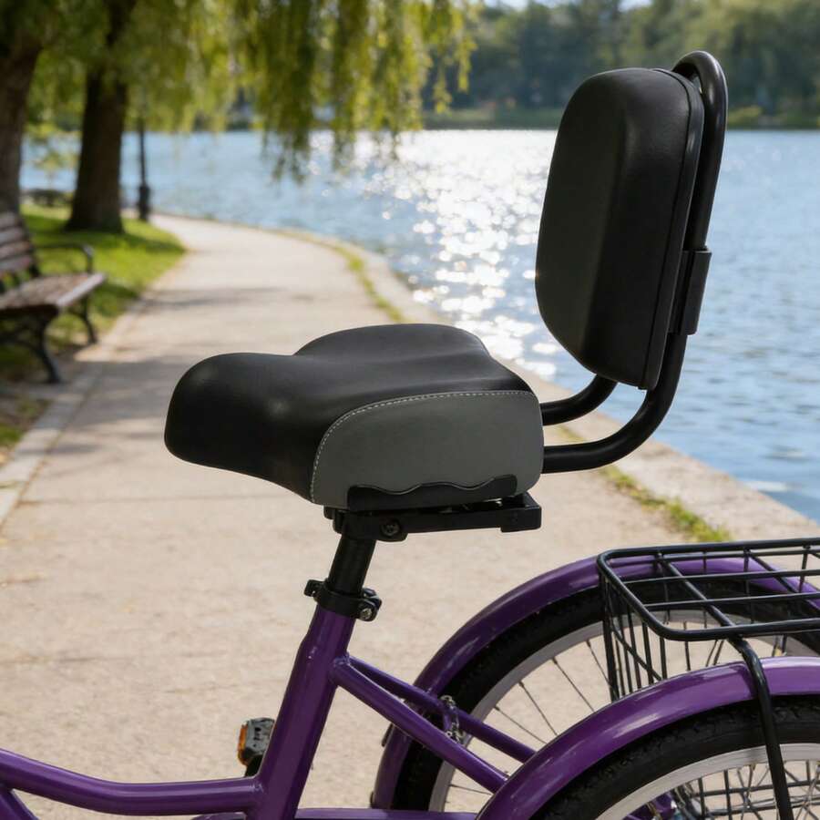 RainWeel Bike Seat With Backrest, Oversized Comfort Bicycle Saddle Replacement, Soft Memory Foam Padded PU Leather Bike Cushion, Oversized Comfort Bicycle Saddle, Ergonomically Designed Curved Seat, Soft Memory Foam Padded Cushion, Universal PU Cushion For E-Bike, Tricycle, Mountain Bike - 黑+灰 - 查看 1