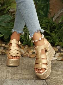 Women's Platform Thick Strap Sandals, Dark Fashionable,Gladiator Sandals,Summer Sandals - Gold - View 6