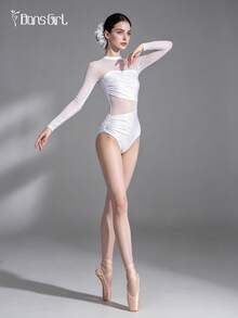 DonsGirl 1 bộ áo liền quần ba lê bất đối xứng dành cho nữ - Chất liệu Lycra đính sequin và vải lưới với thiết kế xếp ly, bộ jumpsuit đa năng. - trắng - Xem 6