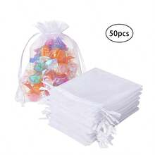 50 pièces Sacs en organza blanc, petits sacs à cordon en maille, sacs cadeaux pour bijoux, pour Pâques, fête, vacances, emballage de faveurs de mariage - Blanc - Voir 10