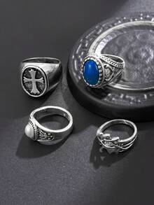 1枚复古朋克十字戒指，镶嵌亚克力水钻，几何金属戒指，适合男士日常佩戴、音乐节、派对等场合，亦可作为珠宝礼物。 - 4pcs - 查看 7