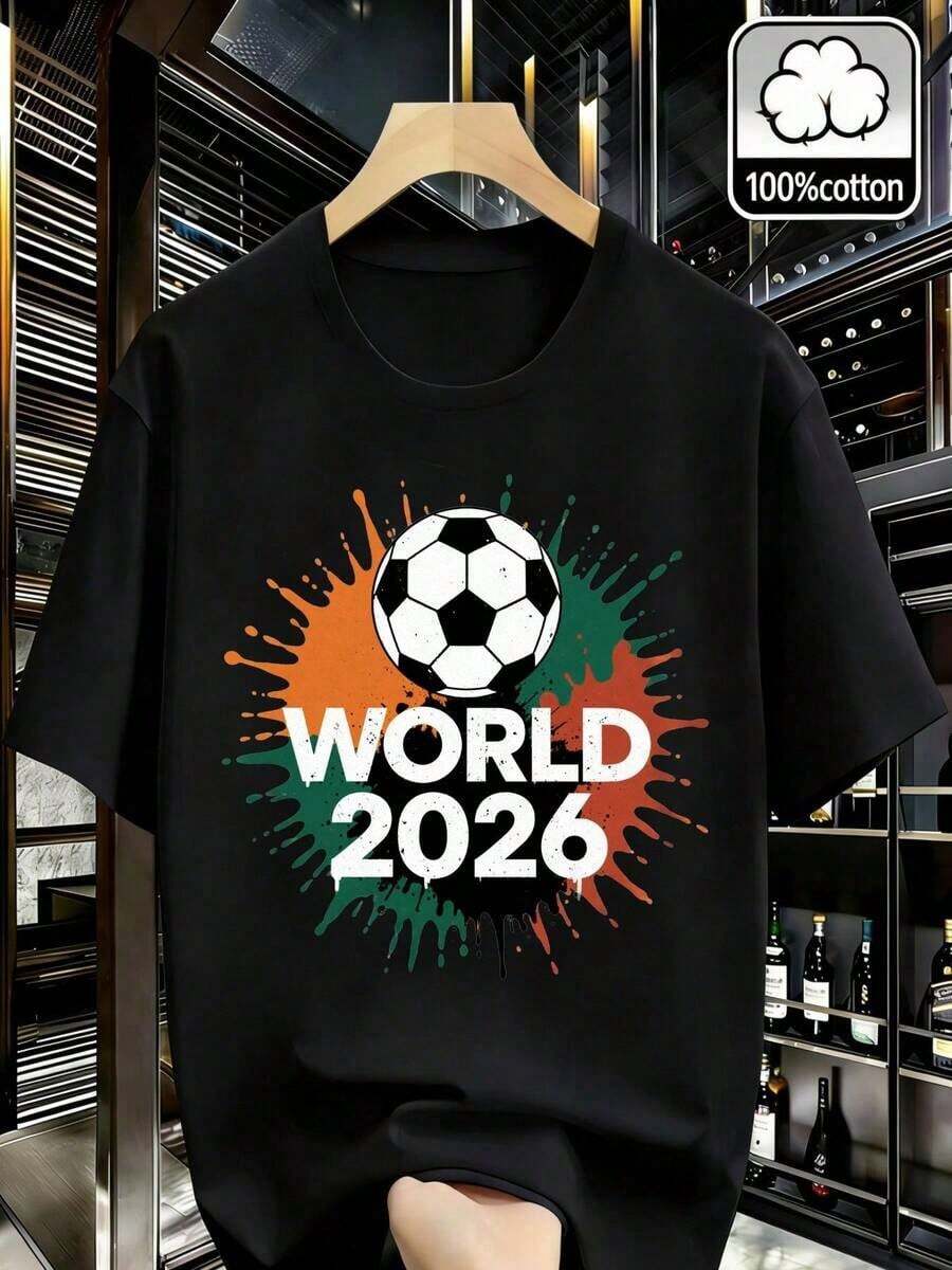 Camiseta de Cuello Redondo 100% Algodón, Camiseta con Gráfico de Balón de Fútbol Mundial 2026, Camiseta Retro Patriótica de Moda, Camiseta Cómoda y Transpirable Estilo Y2K, Perfecta como Regalo para Festivales para Hombres y Mujeres - 1 pieza de ropa para hombre, ideal para disfrutar en las vacaciones de Pascua, perfecta como regalo diario o regalo de Pascua. - Negro - Ver 1