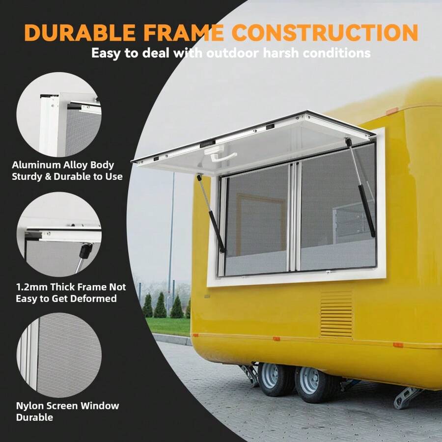 Ventana de concesión de aleación de aluminio para camiones de comida y casas rodantes – Ventanas de malla deslizantes horizontales dobles, puerta toldo parasol de 85°, ideal para cocinas móviles, servicio y ventilación – Disponible en varios tamaños - A - Ver 1