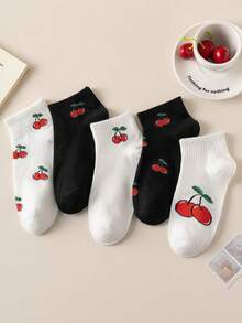 5 Pairs Cherry Pattern Black & White Women's Ankle Socks, Non-Slip Comfortable Breathable Moisture-Wicking, Suitable For Sports And Daily Commute, Spring/Summer - Multicolor - View 2