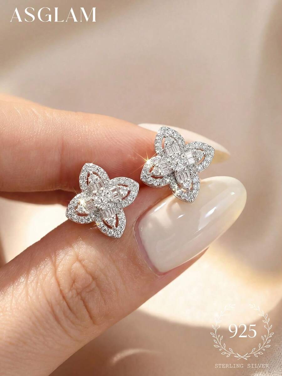 1 Pair Elegant Four-Leaf Clover Stud Earrings, 925 Sterling Silver Delicate Earrings, Exquisite Jewelry Gift Suitable For Girls' Daily, Date, Party And Other Occasions