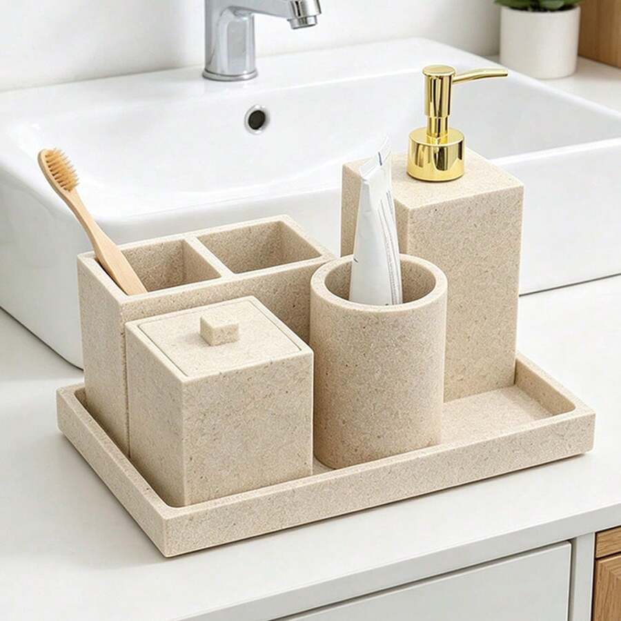 6pcs Resin Bathroom Accessory Set, Modern Farmhouse Style, Includes Toothbrush Holder, Soap Dispenser, Tray, Tumbler, Cotton Swab Holder, Sandstone Color - Sand Color - View 1