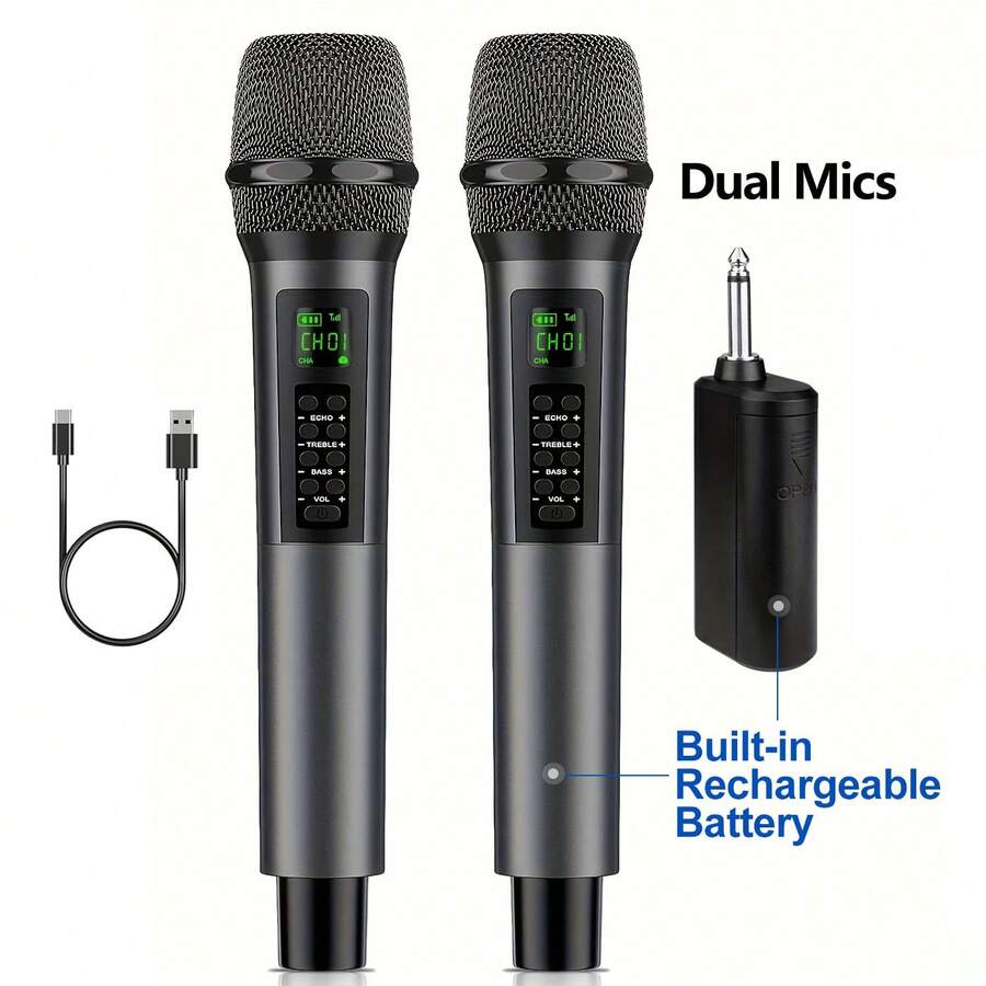 双麦克风，可充电手持无线麦克风，带回声、高音、低音和音量控制，适用于卡拉OK唱歌