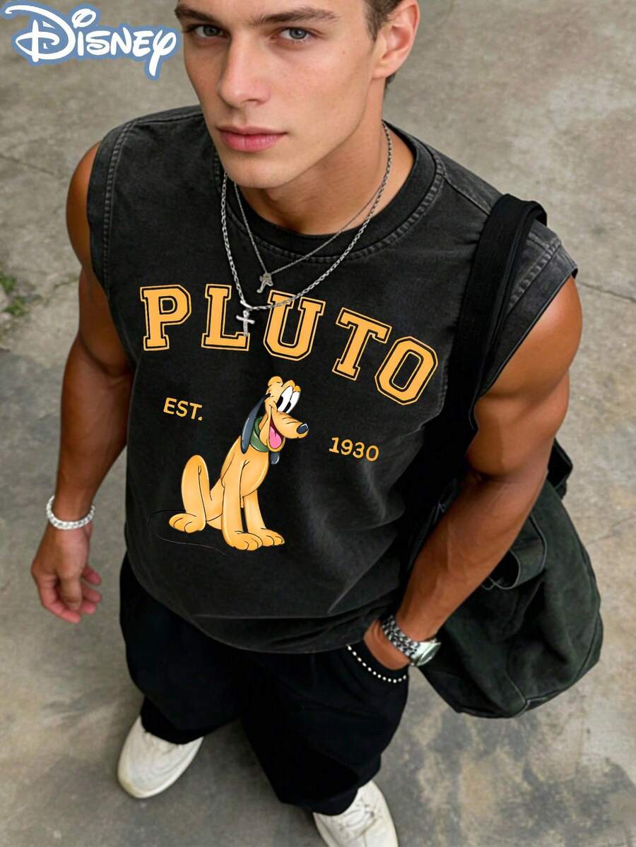 Disney Pluto EST.1930 Officially Licensed Men's Sleeveless Graphic Tee, 100% Cotton 230g Washed Vintage Shirt - màu đen - Xem 1