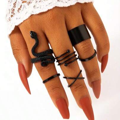 6pcs/Set Gothic Style Metal Layered Snake Skin/Wide Band/X-Shape Ring Set, Suitable For Women To Match Daily Outfits And Party, Jewelry Gift