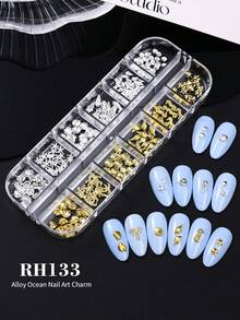 Bộ 12 món trang trí móng tay chủ đề đại dương ánh kim, hình sao biển 3D hỗn hợp, cá ngựa, rùa, vỏ sò, cây dừa, kèm hạt ngọc trai và hạt trứng cá nhỏ, thích hợp cho việc tự làm móng, tiệm nail, làm móng chủ đề bãi biển mùa hè. - Nhiều màu - Xem 12