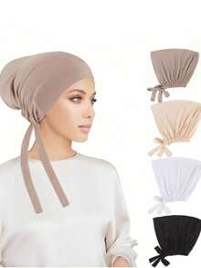 4 件装女士头巾内衬帽，伊斯兰穆斯林头巾衬里帽，后部系带 - 頭巾帽 - 查看 2