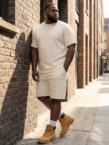 Plus Size American Texture Short Sleeve & Shorts Set, Men Summer Loose Straight Casual 2 Pieces Outfit, Streetwear - Beige - View 2