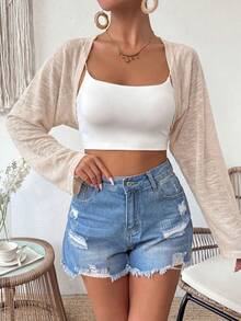 Jennie Growth 女士 Coquette 浪漫奶油色薄纱罗纹针织短款开衫，宽松蝙蝠袖，轻盈舒适，是春夏度假、早午餐、约会、街头风、沙滩装的完美之选。 - 杏色 - 查看 6