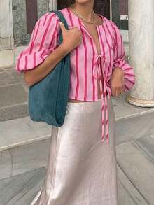 Urban Chic Bohemian Resort Style Bow Tie Front Striped Standard Fit Long Sleeve Top, Suitable For Vacation, Business Casual, Formal Occasions, Wedding Season, Valentine's Day, Old Money Style, Courtroom Style, New Year - Rose Pink - View 5