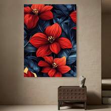 Framed Lienzo artístico plano 2D de , enmarcado en madera, con pétalos rojos vibrantes, texturas claras y venas distintivas, realzado por centros amarillos - Enmarcado - Ver 3