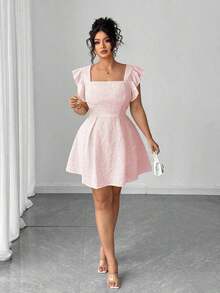 Vestido de verano de talla grande para mujer, con cintura ceñida, volantes en las mangas y estampado jacquard de unicolor, elegante estilo vacacional - Rosa - Ver 5