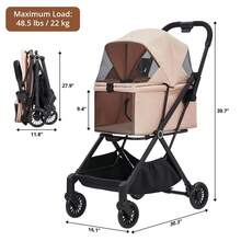 Cochecito para mascotas plegable y ligero para perros y gatos pequeños y medianos – Ruedas con absorción de impactos de 360° – Capota de malla transpirable – Cubierta para el clima – Cesta de almacenamiento y portavasos – Aprobado por aerolíneas – Soporta hasta 9 kg - Caqui - Ver 7